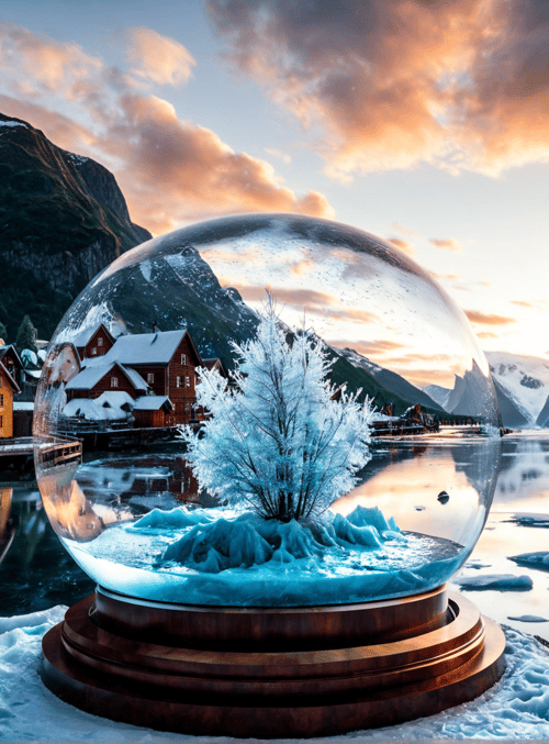 snowglobe, mountains, houses, river, tree, ice, sky, village, snow, reflection