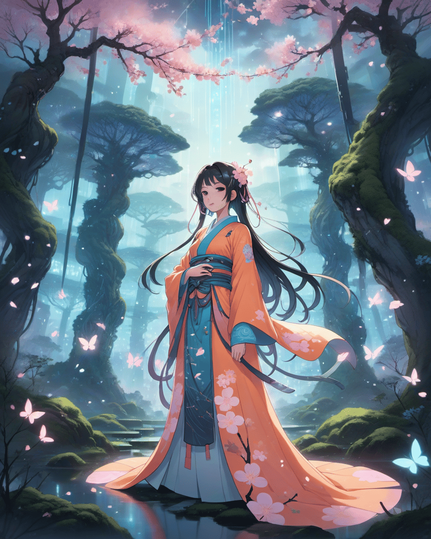 AI generated wallpaper featuring girl, butterfly, cherry tree