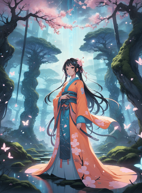 girl, butterfly, cherry tree
