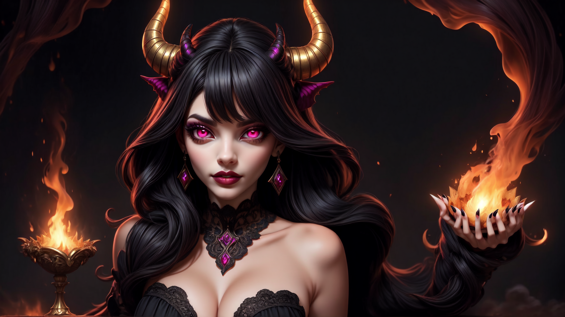 AI generated wallpaper featuring devil, woman, horn, fire, candle, gem, hair, earring, choker, nail
