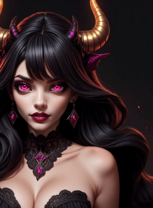 devil, woman, horn, fire, candle, gem, hair, earring, choker, nail