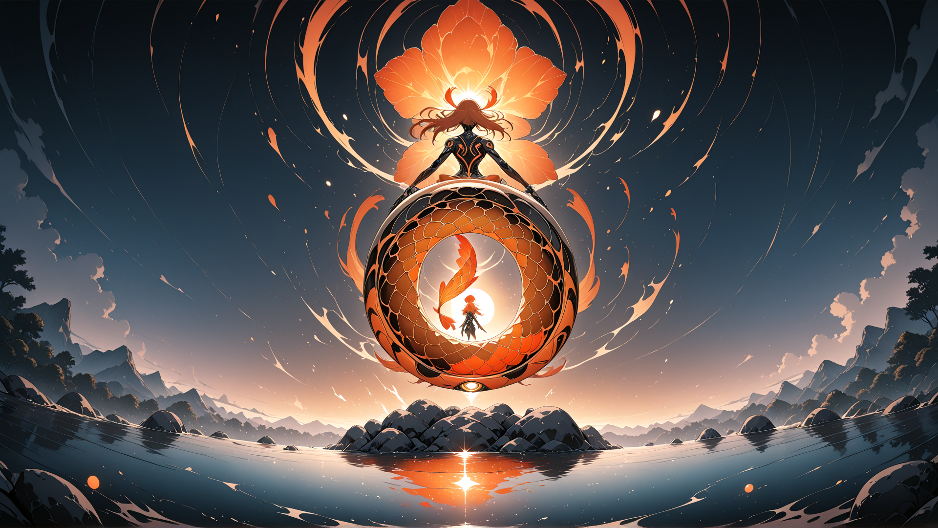 AI generated wallpaper featuring dragon, flower, person, river, mountain, egg, sun, cloud, leaf, circle
