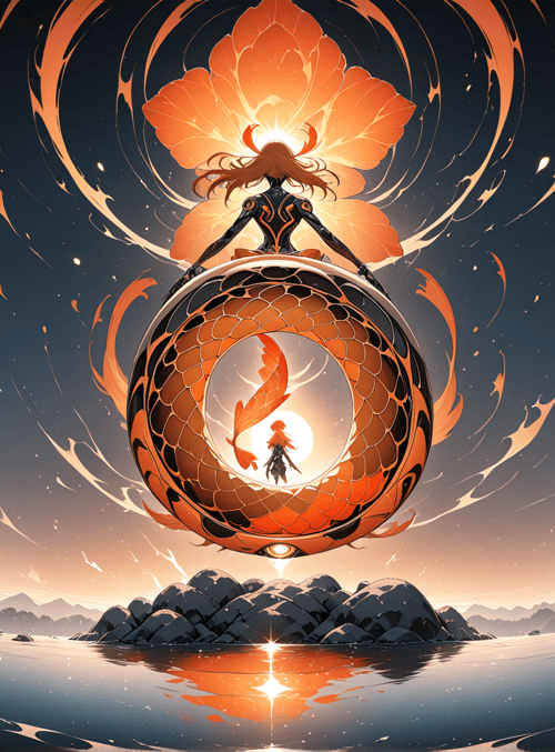 dragon, flower, person, river, mountain, egg, sun, cloud, leaf, circle