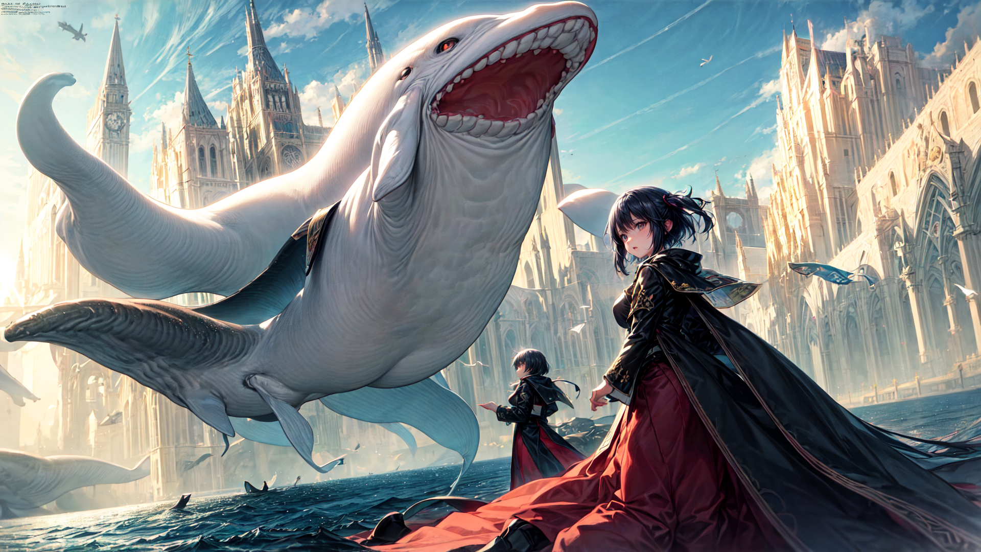 AI generated wallpaper featuring whale, girl, castle