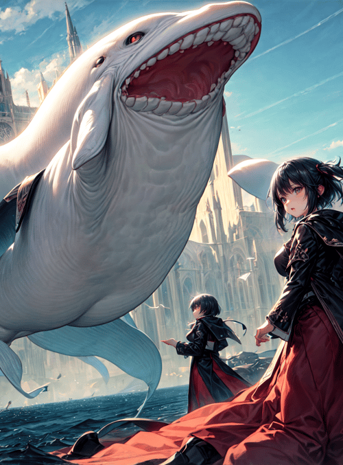 whale, girl, castle
