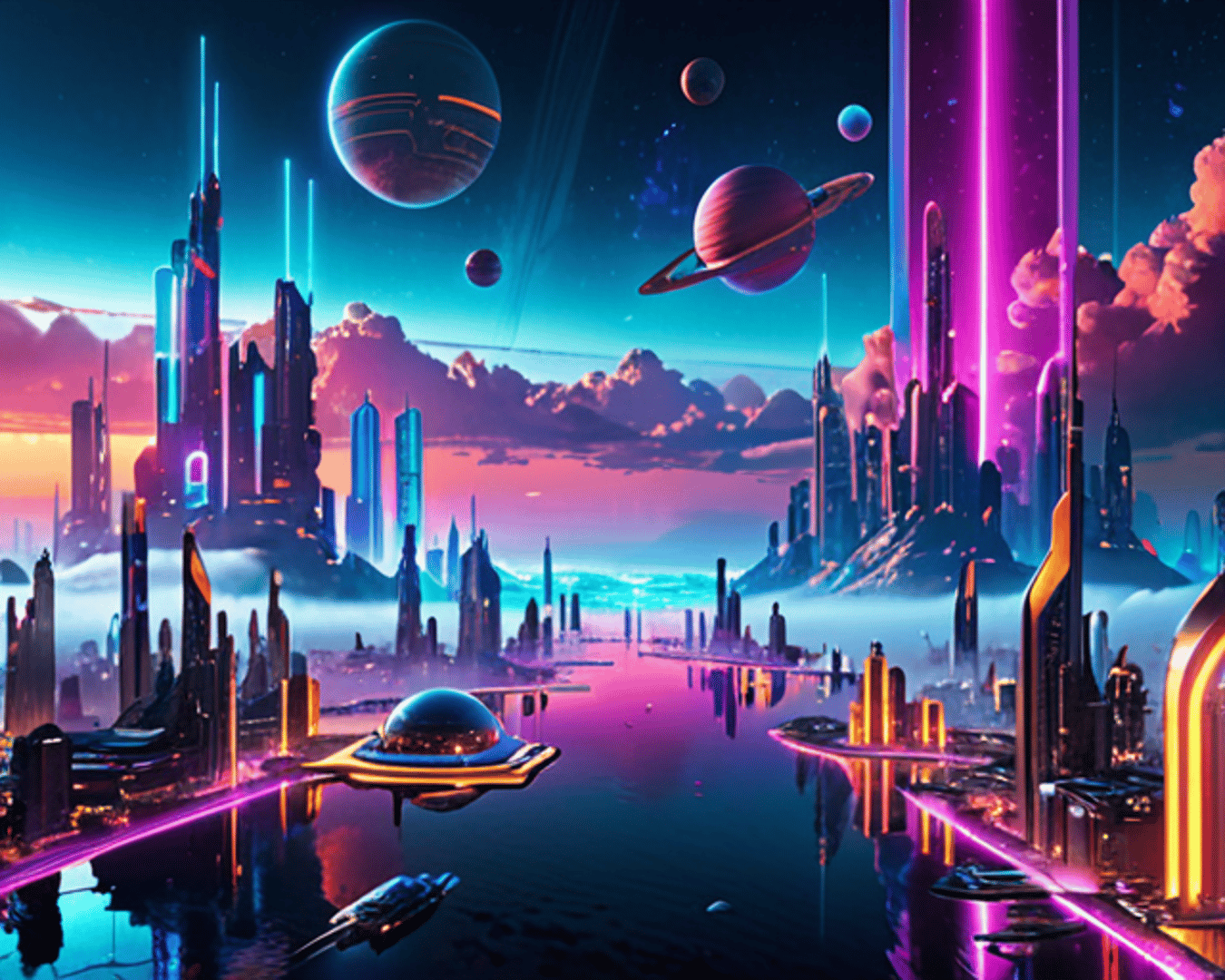 AI generated wallpaper featuring cityscape, space, flying car