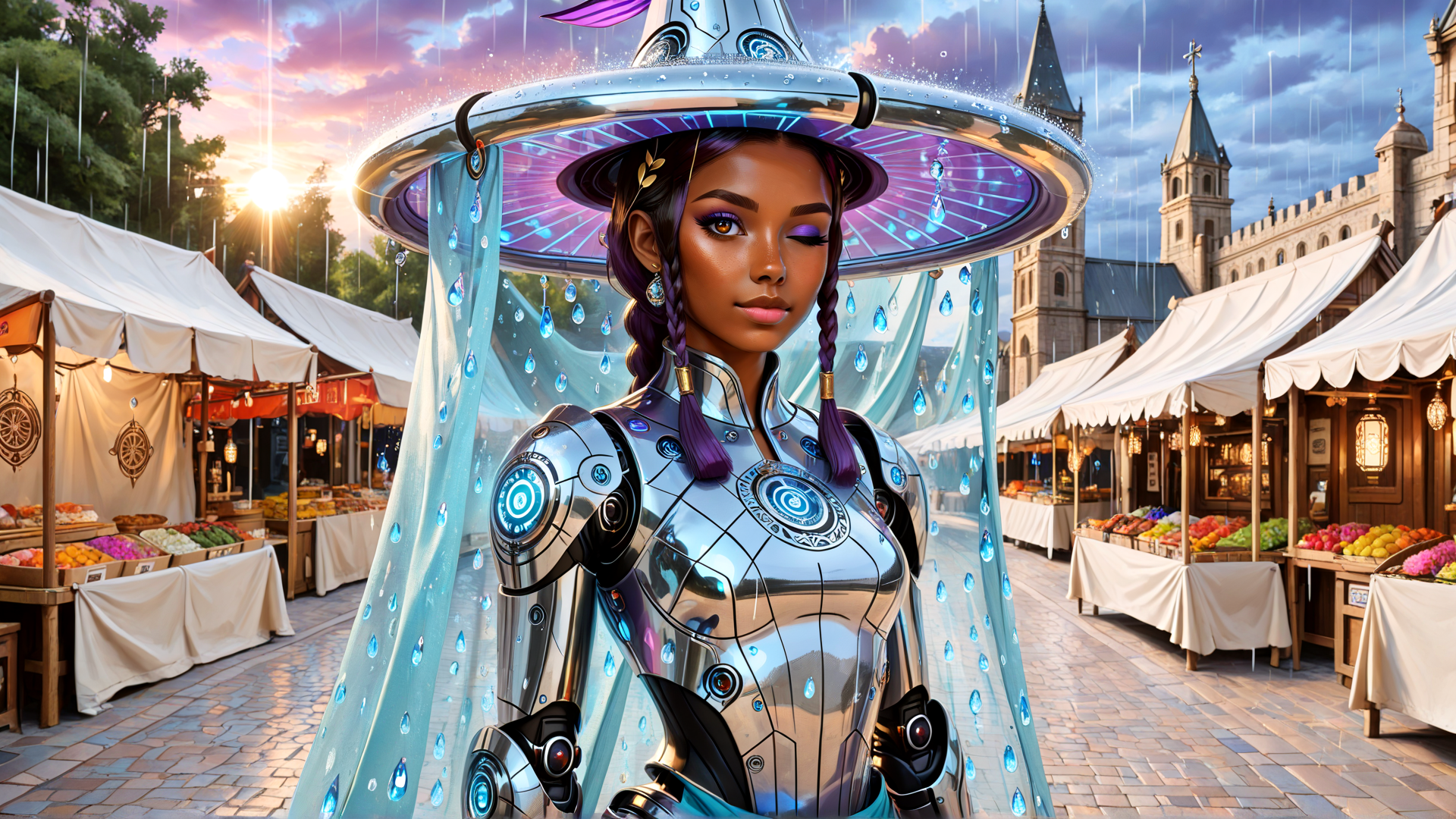 AI generated wallpaper featuring robot, witch, market, hat, braid, glove, tent, fruit, castle, water