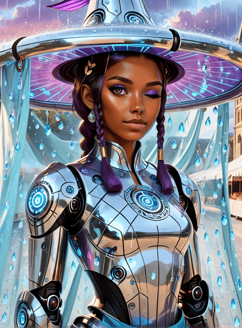 robot, witch, market, hat, braid, glove, tent, fruit, castle, water