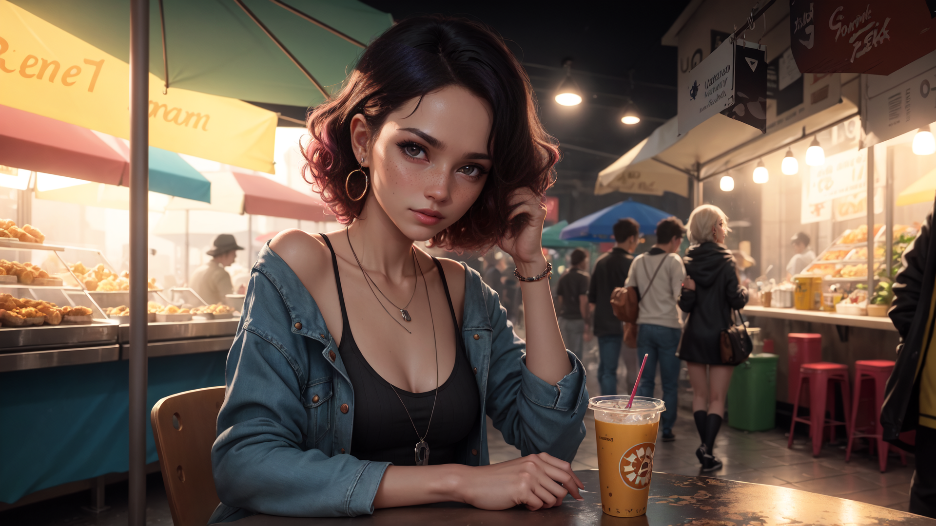 AI generated wallpaper featuring woman, market, drink