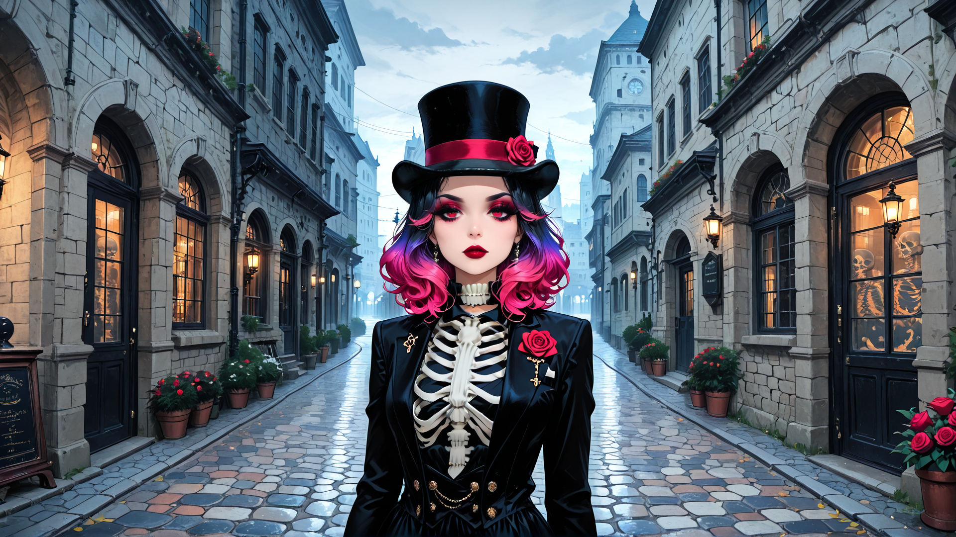 AI generated wallpaper featuring woman, skeleton, top hat, roses, street, buildings, skyscraper, choker, skeleton ribs, cobblestone