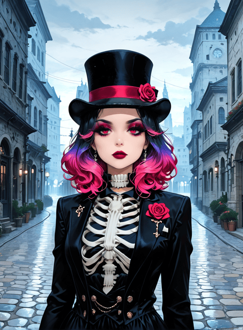 woman, skeleton, top hat, roses, street, buildings, skyscraper, choker, skeleton ribs, cobblestone