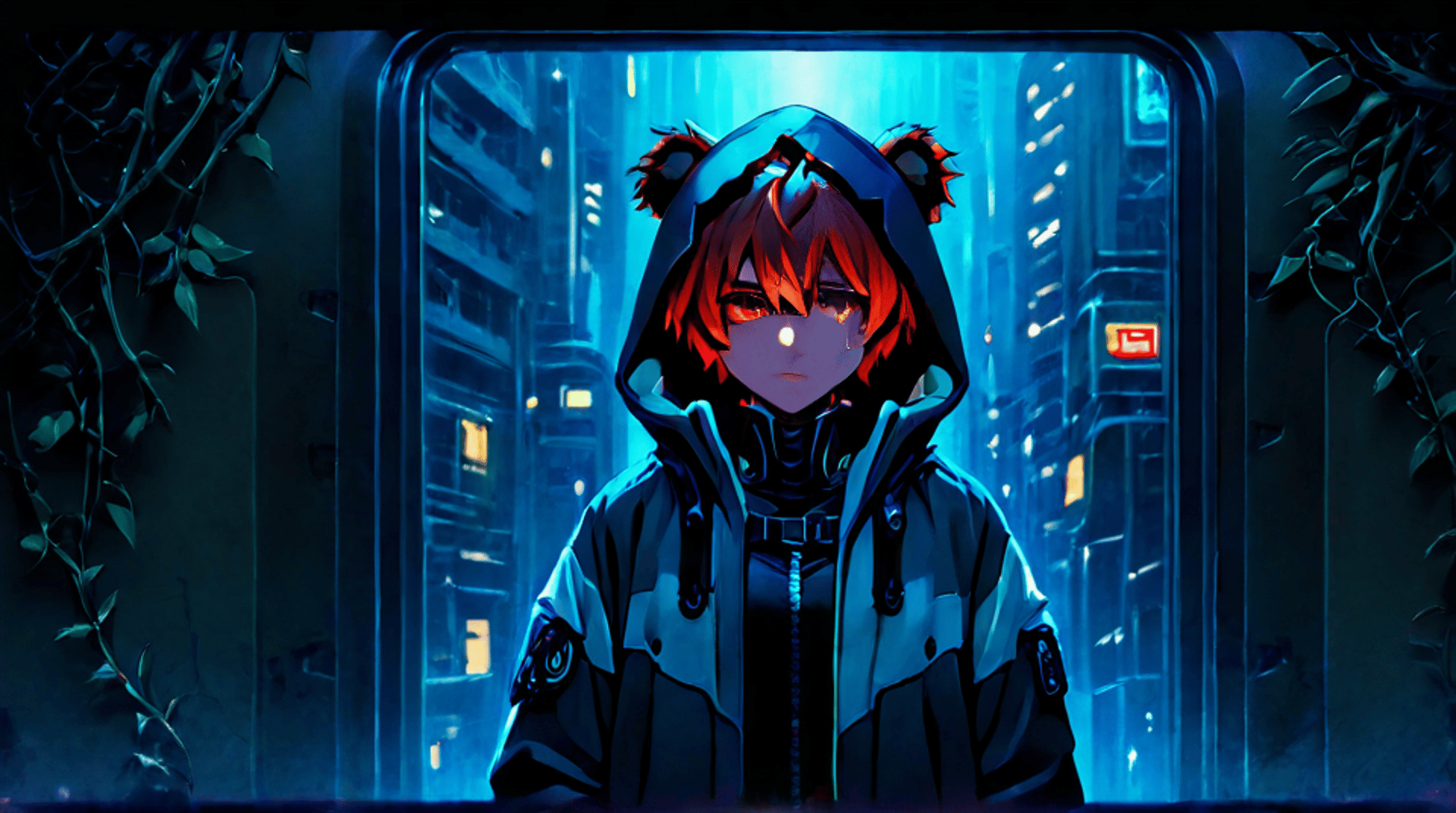AI generated wallpaper featuring anime character, cyberpunk, bear ears