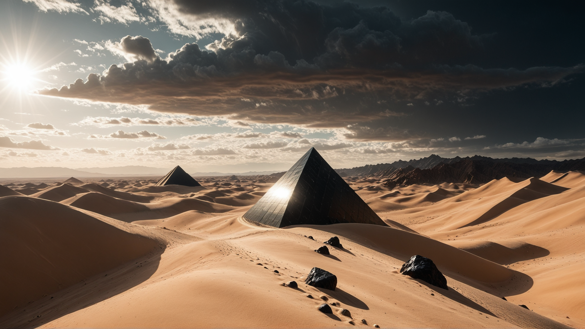 AI generated wallpaper featuring pyramid, desert, sand, rock, sun, cloud, mountain
