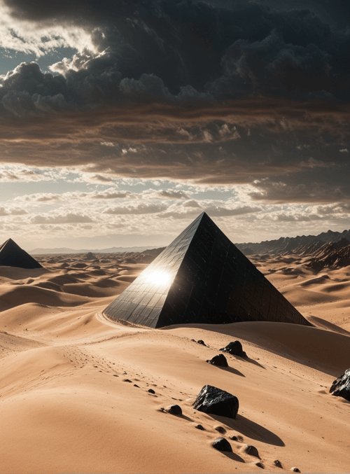 pyramid, desert, sand, rock, sun, cloud, mountain