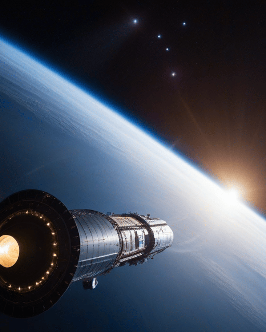 AI generated wallpaper featuring space station, earth, sun