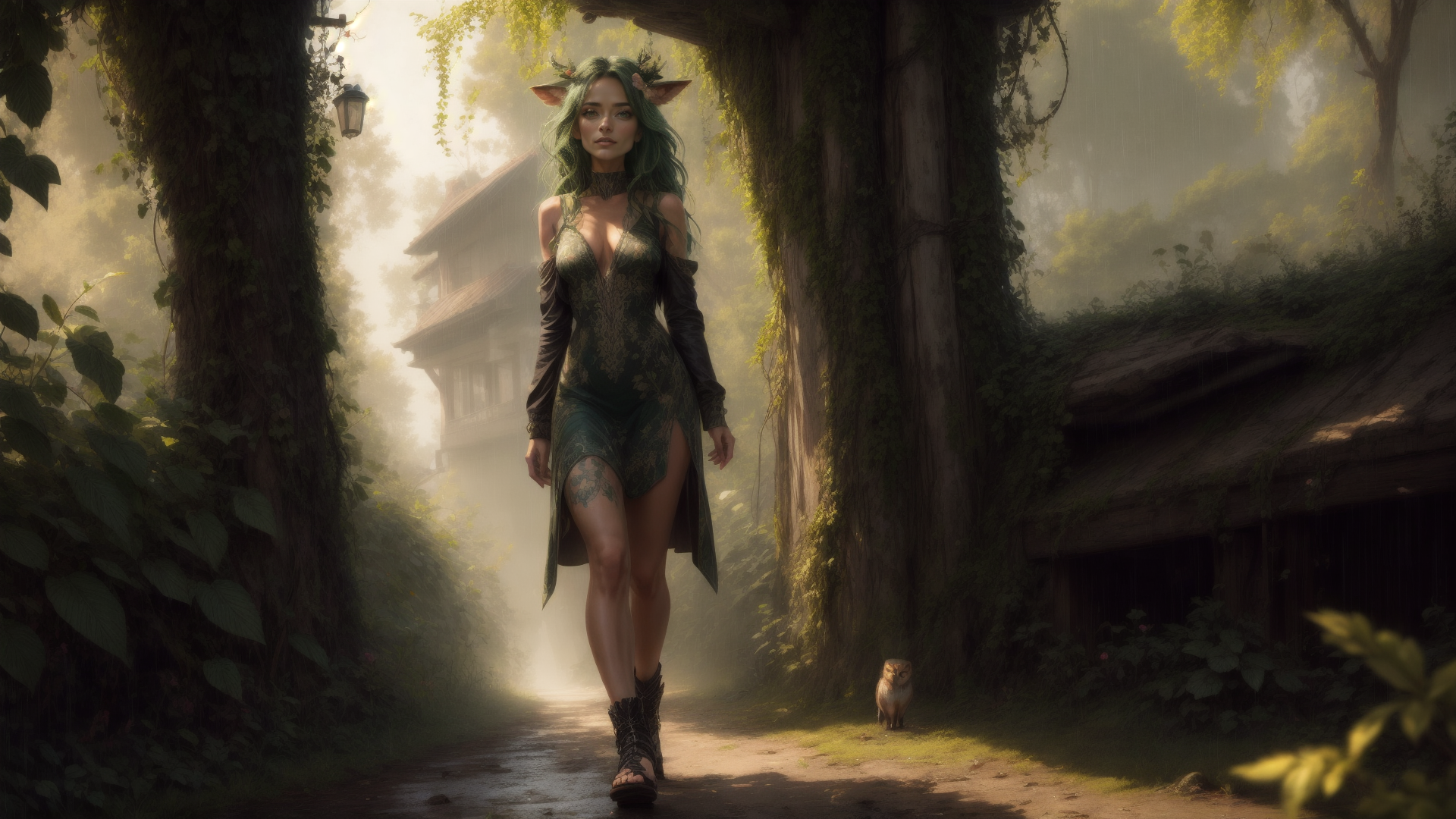 AI generated wallpaper featuring elf, woman, owl