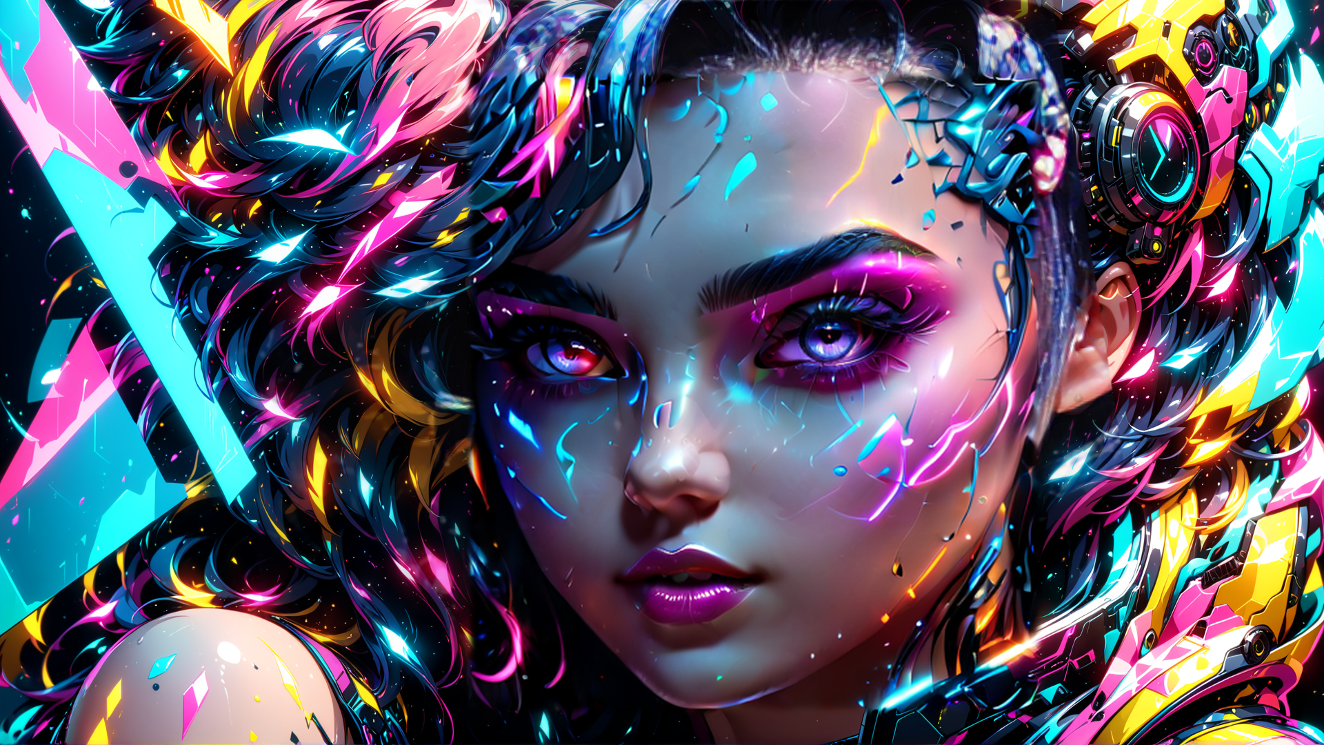AI generated wallpaper featuring cyborg, woman, neon