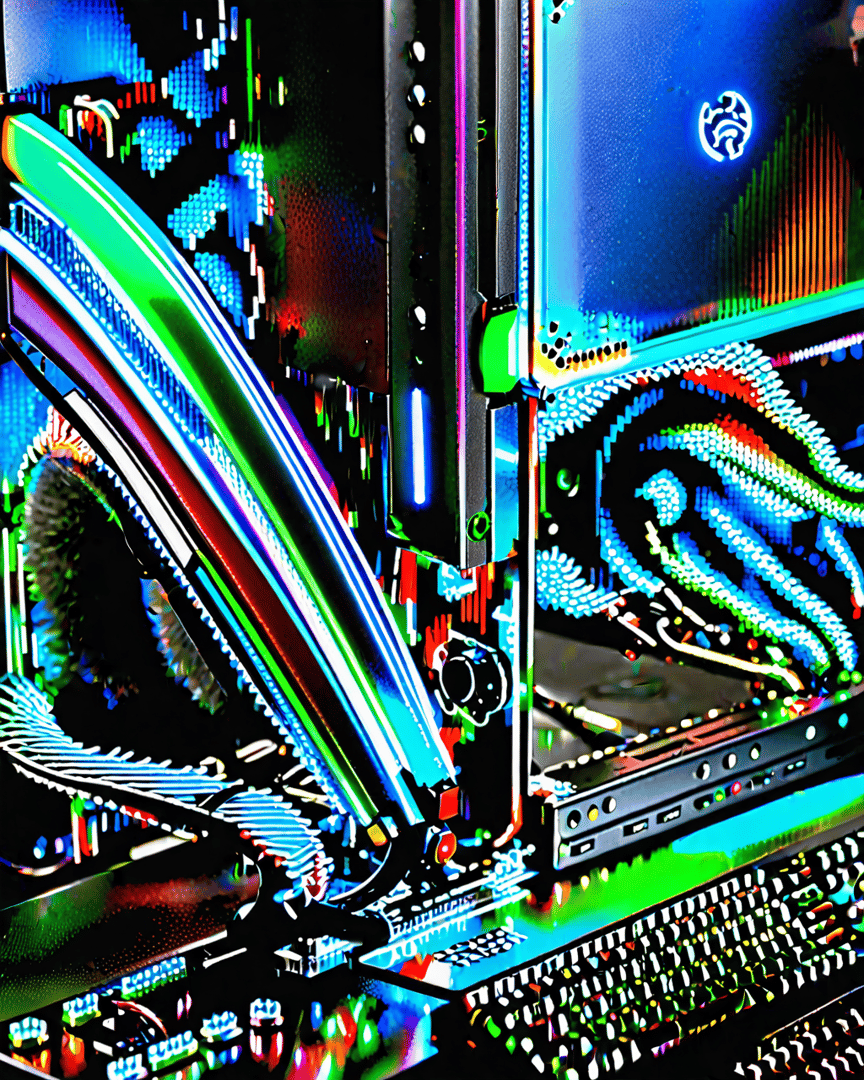 AI generated wallpaper featuring computer, graphics card, keyboard, motherboard, rgb, cooling fan, case