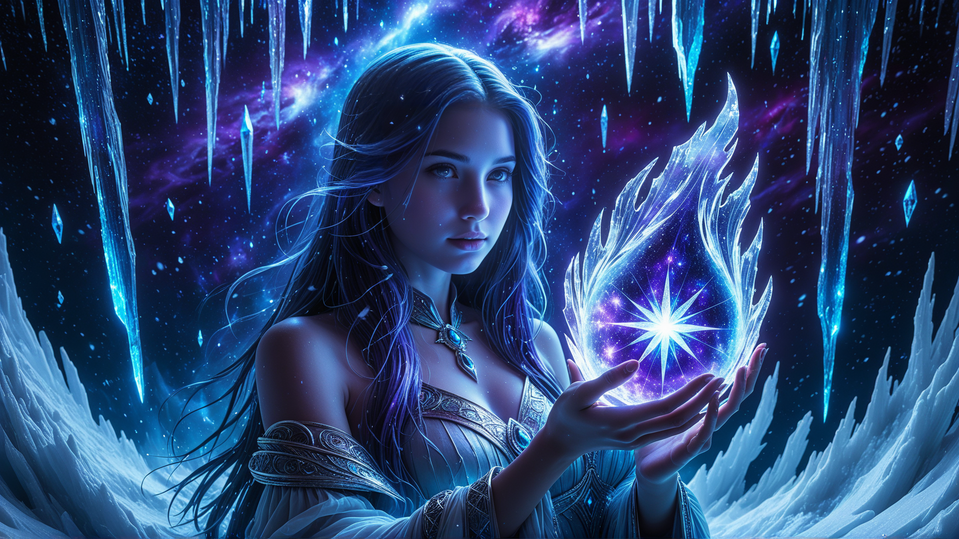 AI generated wallpaper featuring woman, crystal, ice