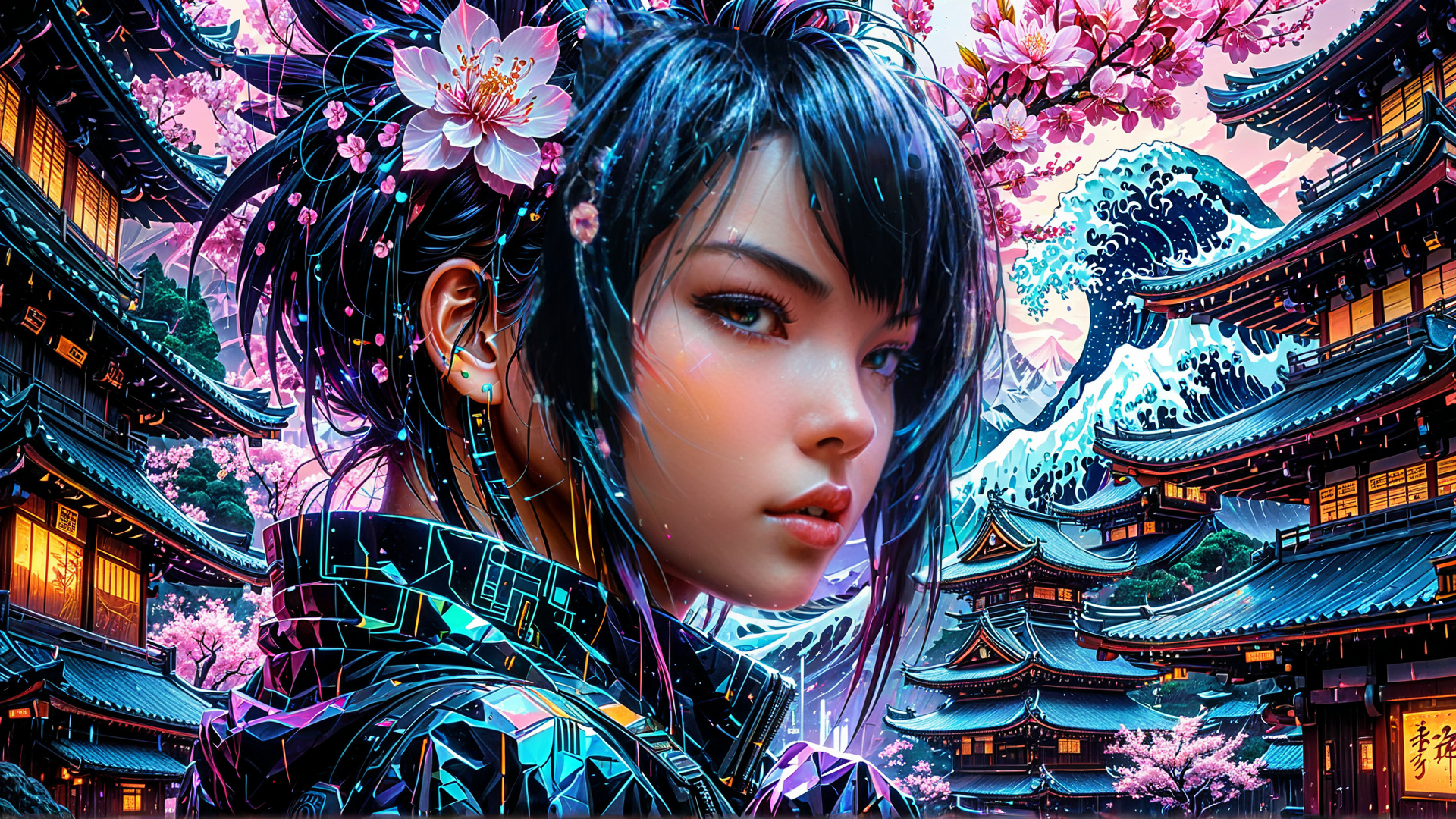 AI generated wallpaper featuring woman, cherry blossoms, traditional buildings