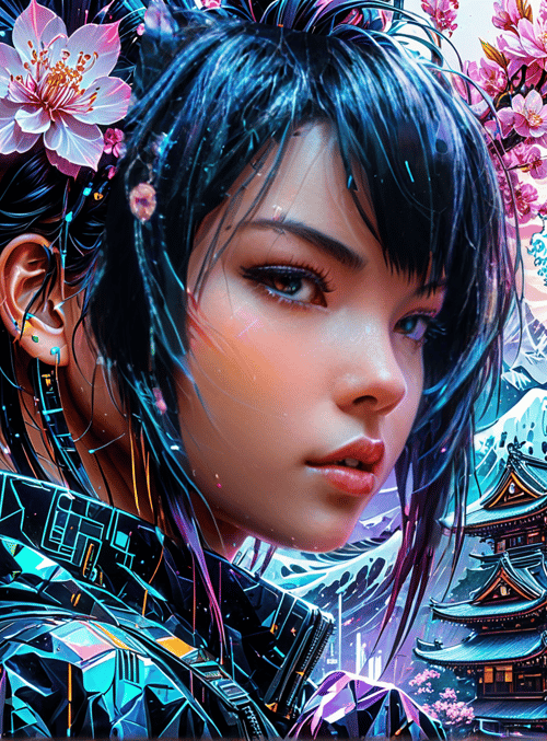 woman, cherry blossoms, traditional buildings