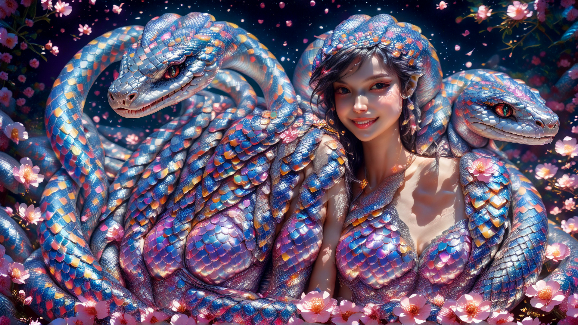 AI generated wallpaper featuring woman, snake, flowers
