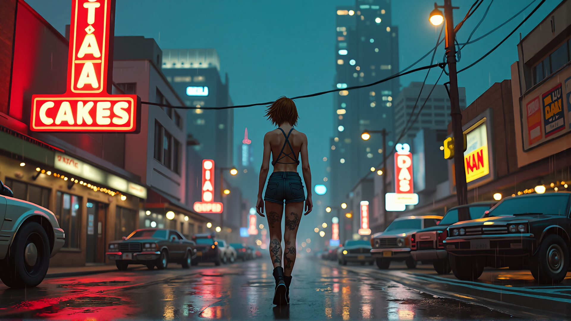 AI generated wallpaper featuring woman, street, neon signs, tattoos, cars, rain, city