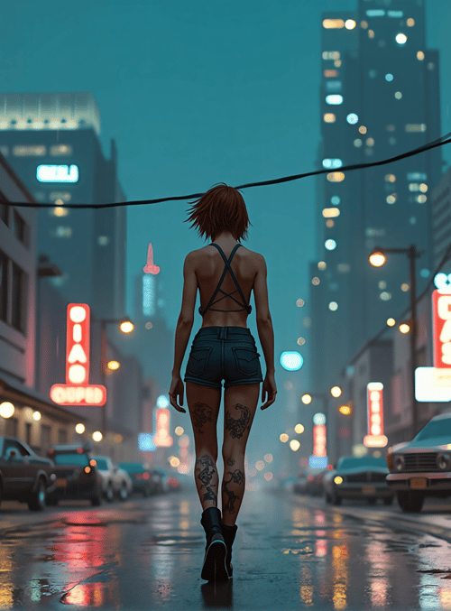 woman, street, neon signs, tattoos, cars, rain, city