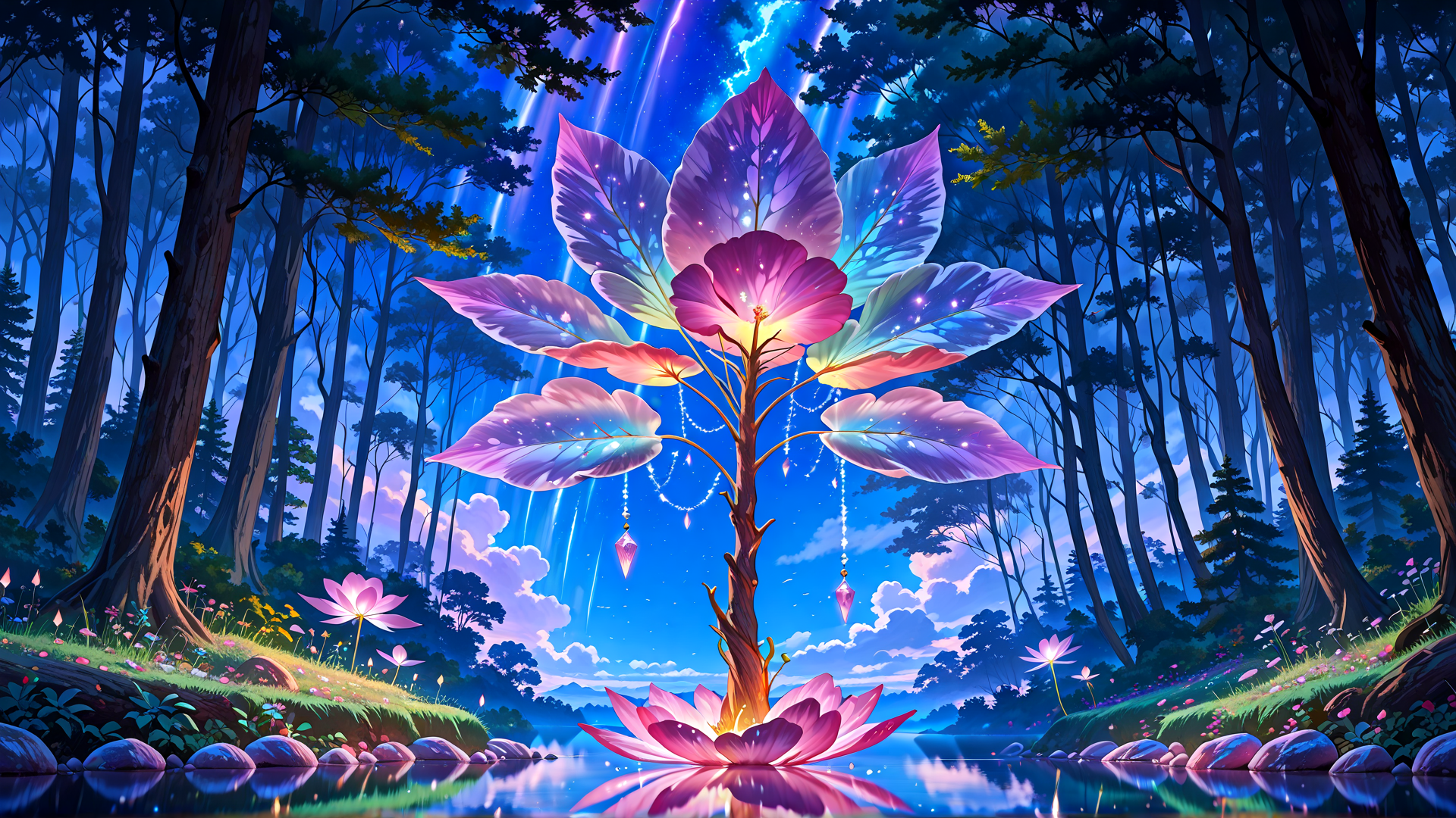 AI generated wallpaper featuring tree, flower, forest, lotus, crystals, butterfly, plants, sky, water, stars