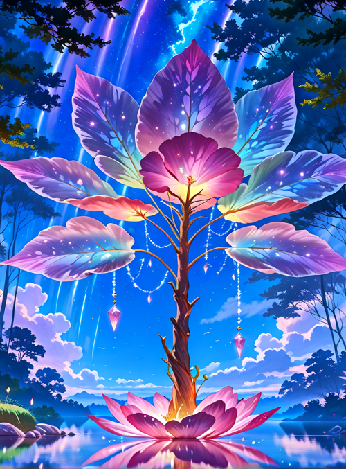 tree, flower, forest, lotus, crystals, butterfly, plants, sky, water, stars