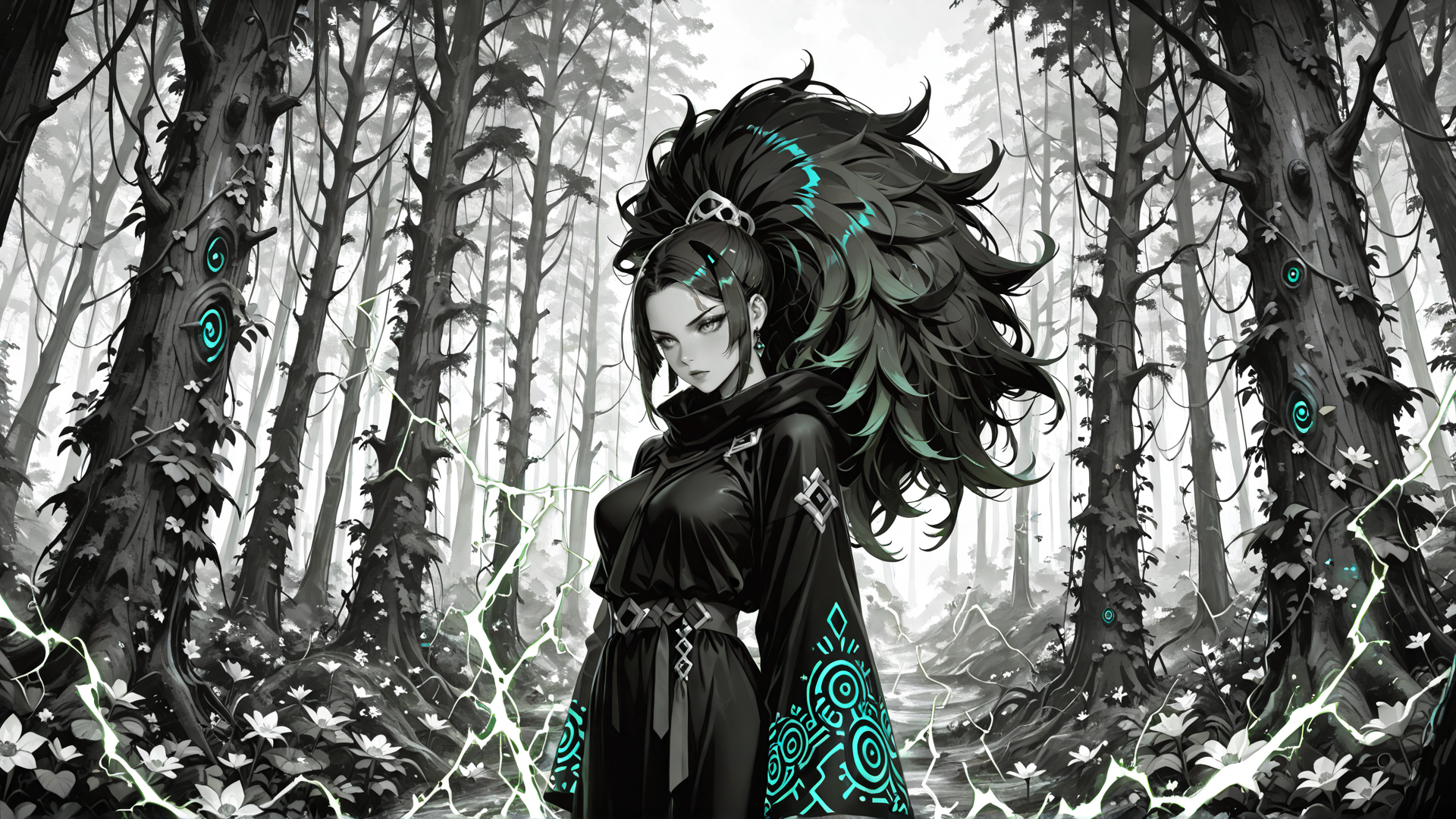 AI generated wallpaper featuring woman, forest, trees, magic, lightning, flowers, clothing, hair, symbol, glowing