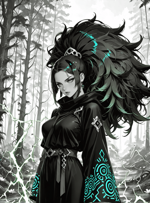 woman, forest, trees, magic, lightning, flowers, clothing, hair, symbol, glowing
