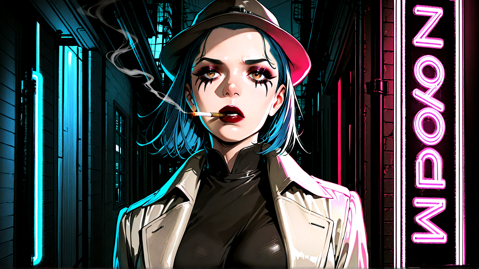 AI generated wallpaper featuring woman, neon, city, smoke, hat