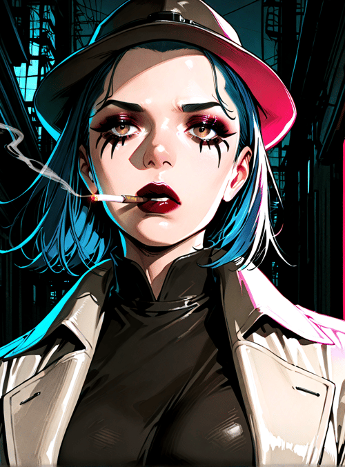woman, neon, city, smoke, hat