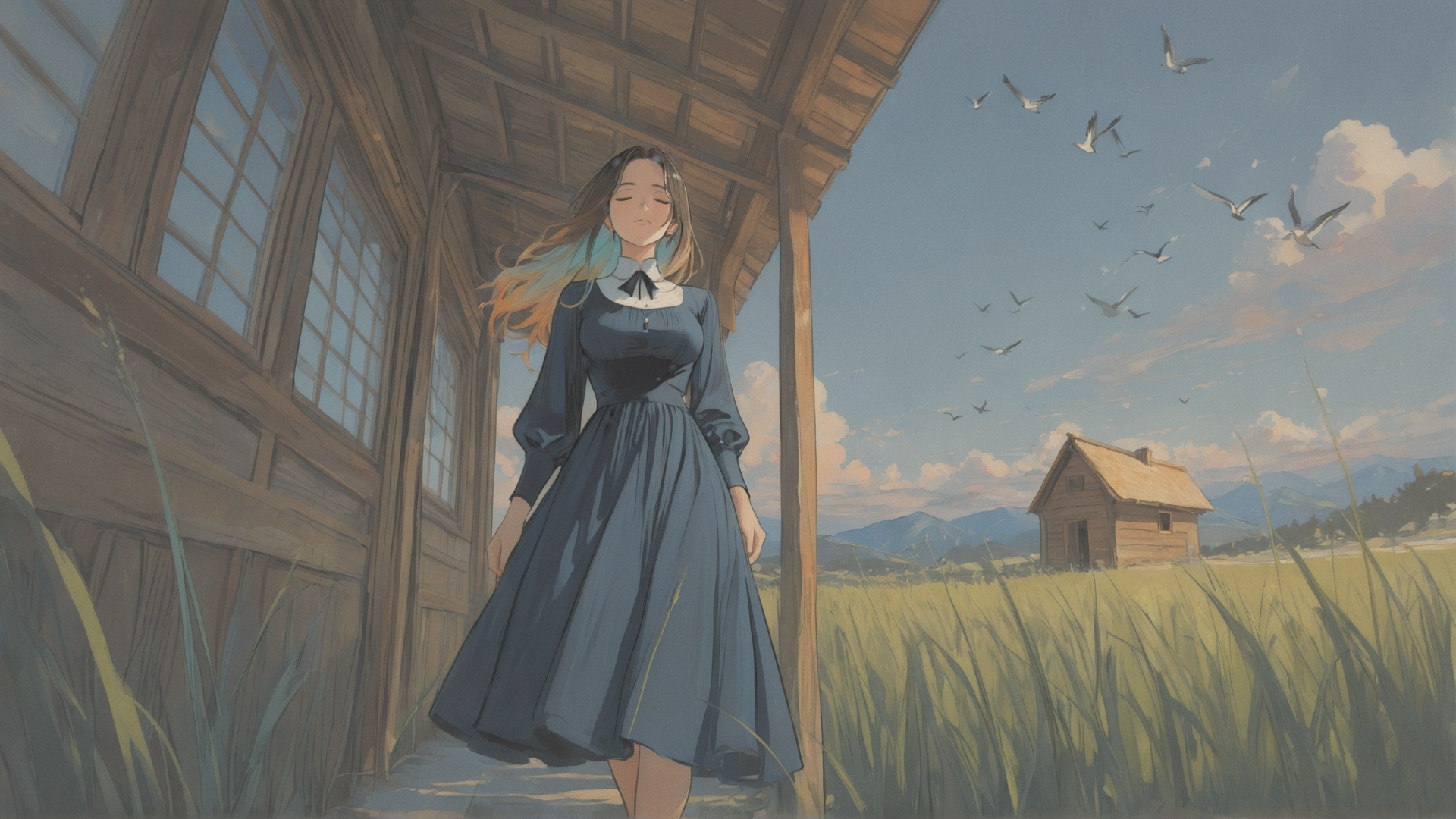 AI generated wallpaper featuring woman, house, field, birds, sky