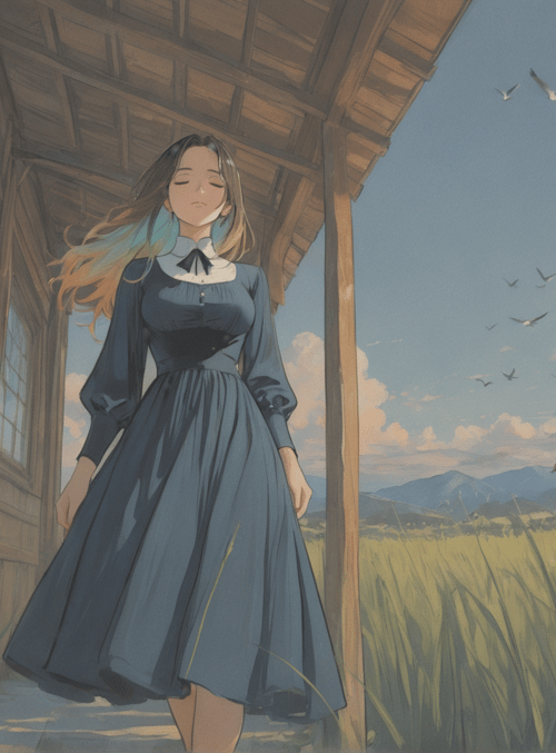 woman, house, field, birds, sky