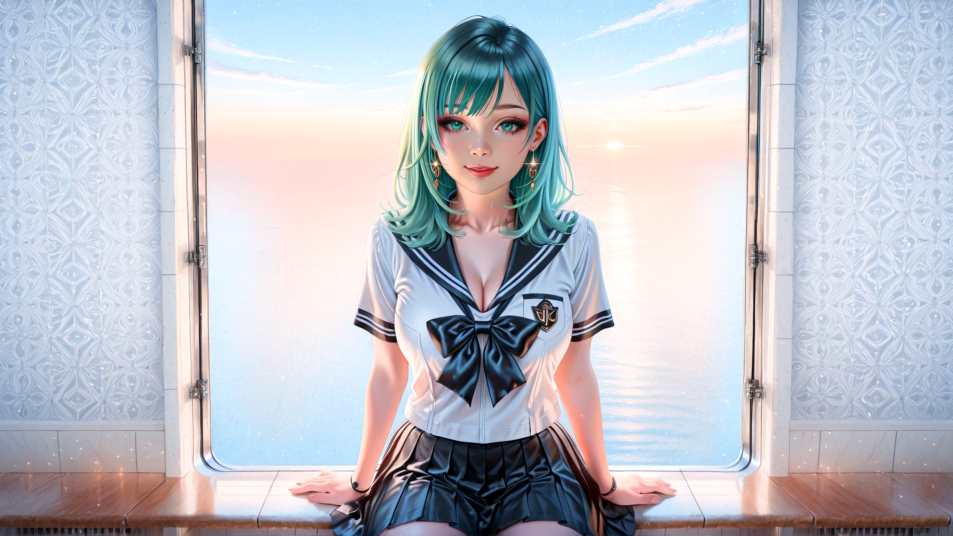 AI generated wallpaper featuring girl, window, sailor uniform, seashore, sunrise, ocean, hair, skirt, earrings, window seat