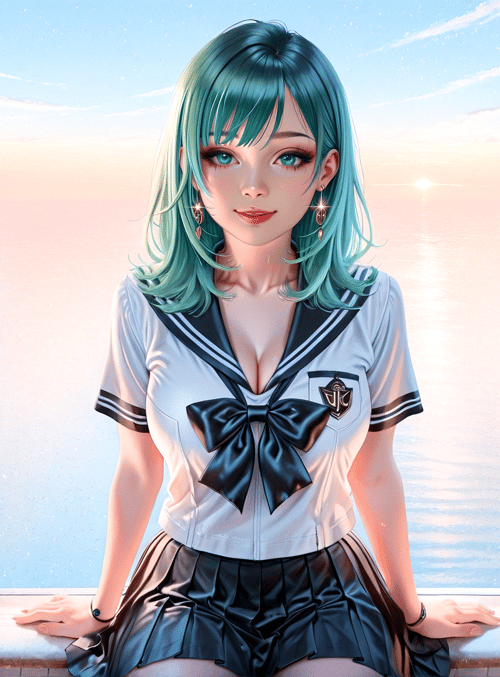 girl, window, sailor uniform, seashore, sunrise, ocean, hair, skirt, earrings, window seat