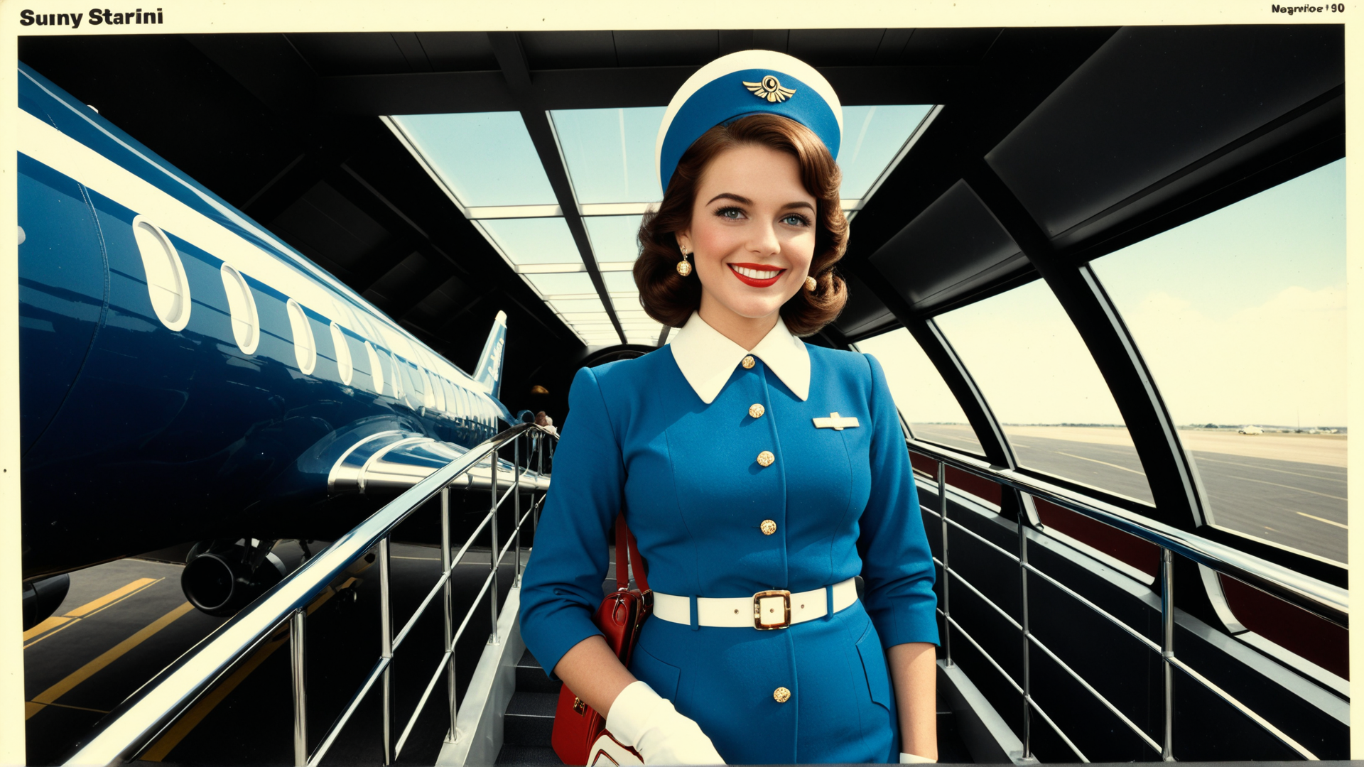 AI generated wallpaper featuring flight attendant, airplane, airport, stairway, uniform, hat, bag, gloves, wings, window