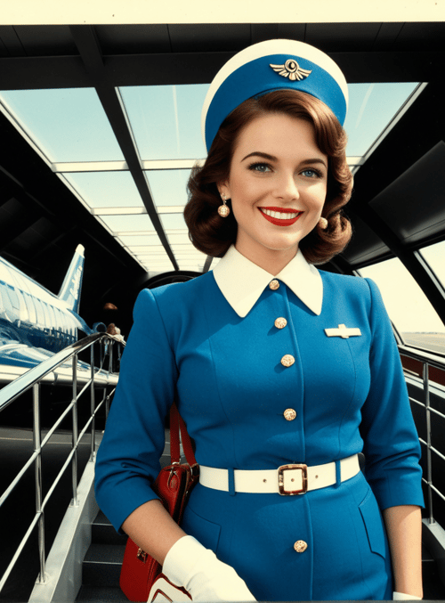 flight attendant, airplane, airport, stairway, uniform, hat, bag, gloves, wings, window