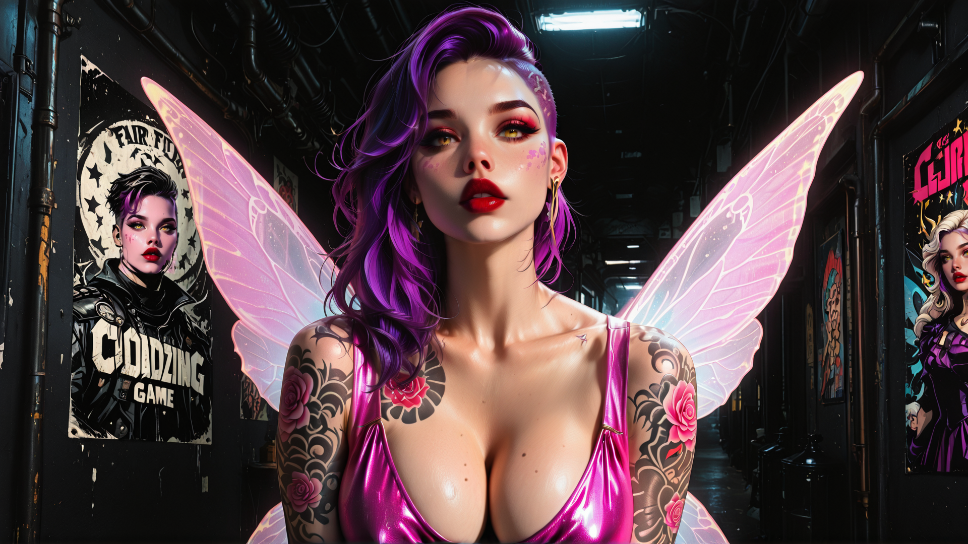 AI generated wallpaper featuring woman, fairy, tattoo, poster, wing