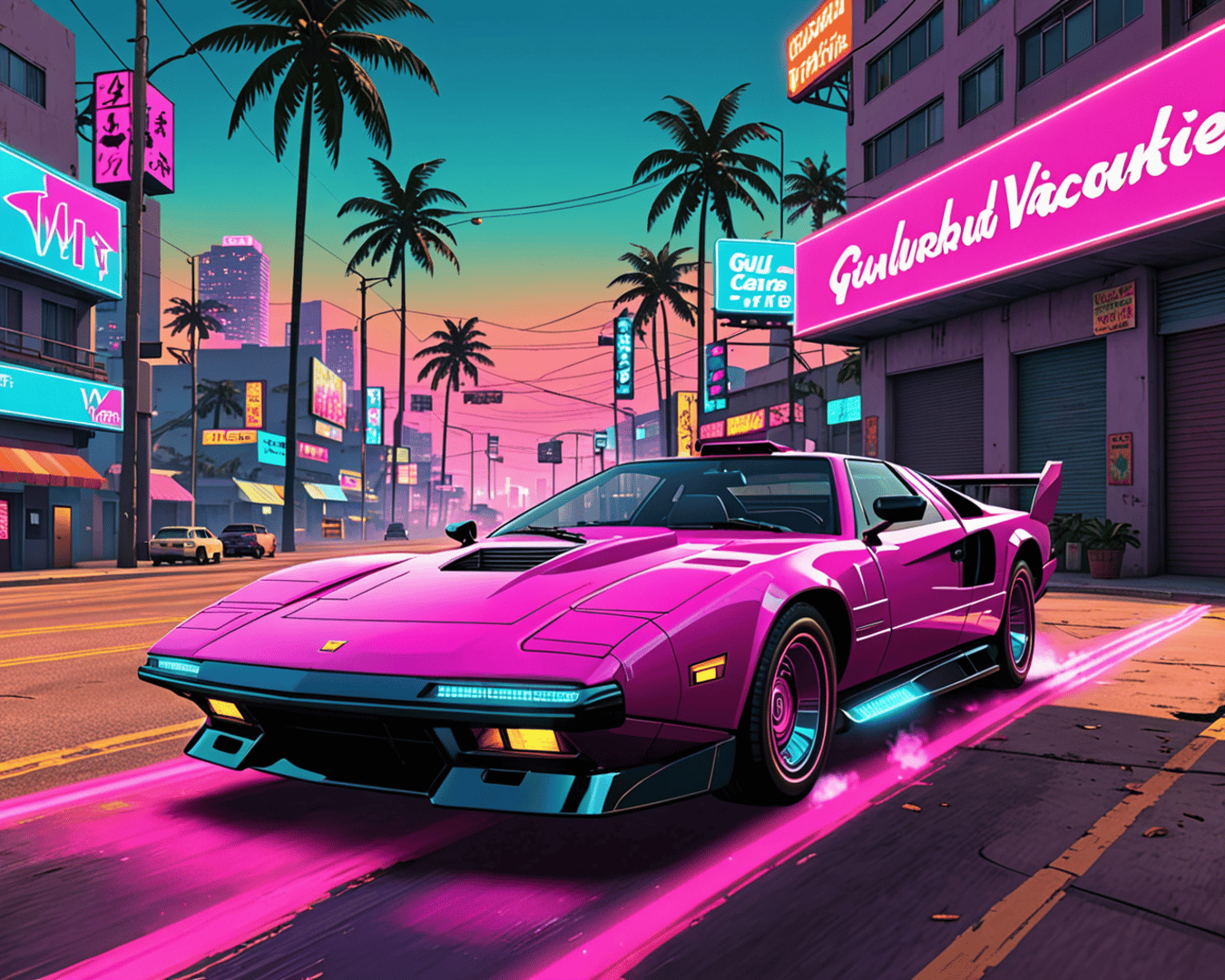 AI generated wallpaper featuring car, city, neon