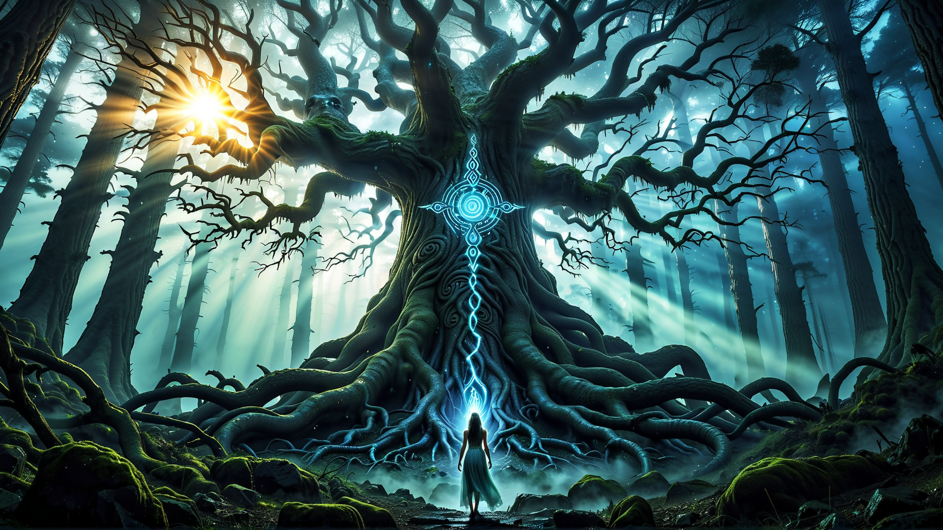 AI generated wallpaper featuring tree, person, forest, roots, sunlight, glow, symbol, moss, light rays, skeleton