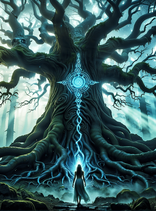 tree, person, forest, roots, sunlight, glow, symbol, moss, light rays, skeleton