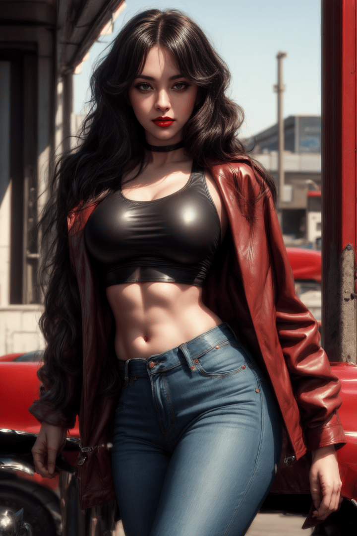 AI generated wallpaper featuring woman, leather, jeans