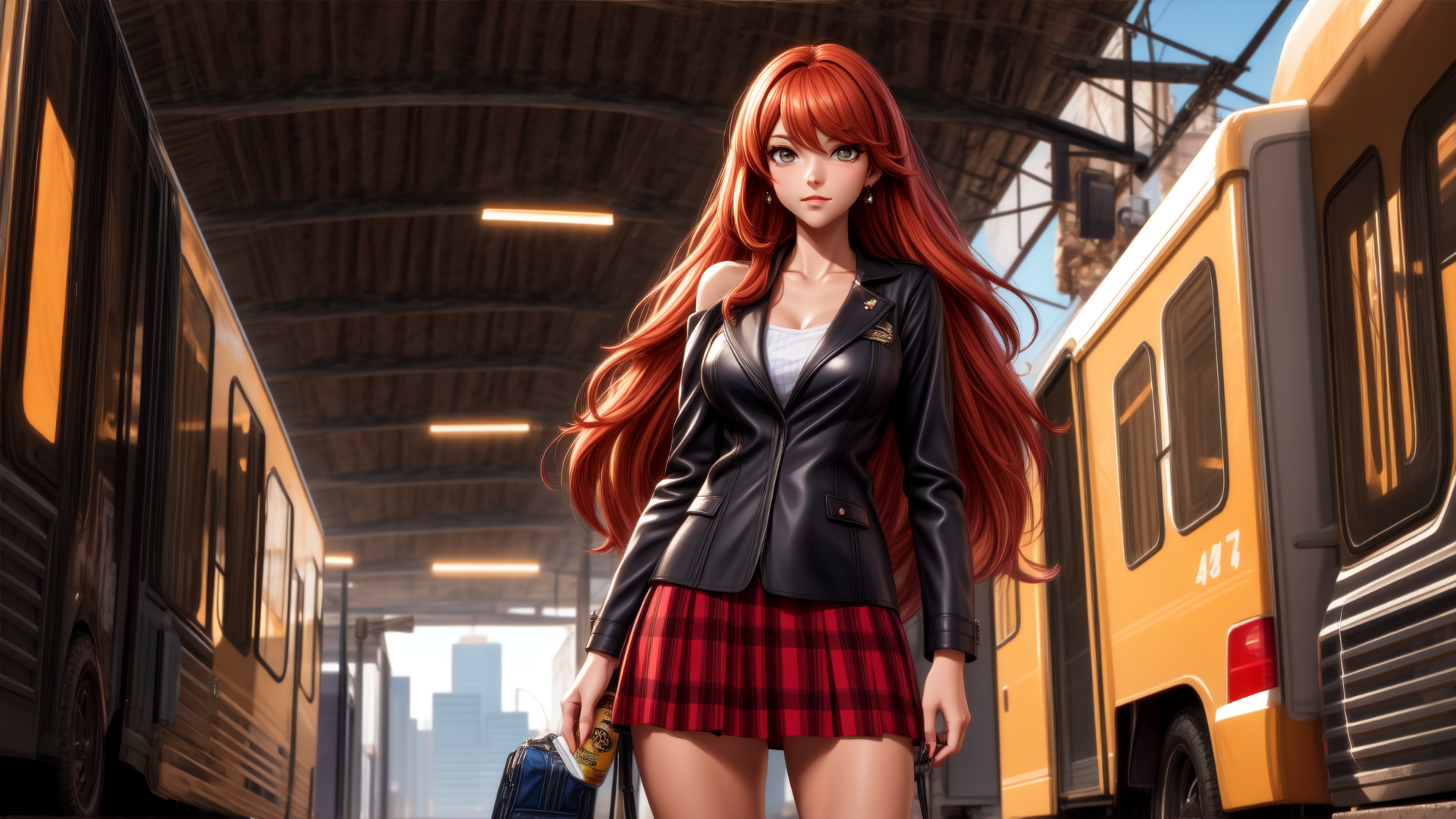 AI generated wallpaper featuring woman, bus, skirt, jacket, hair, suitcase, train, city, station, bus