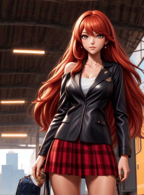 woman, bus, skirt, jacket, hair, suitcase, train, city, station, bus