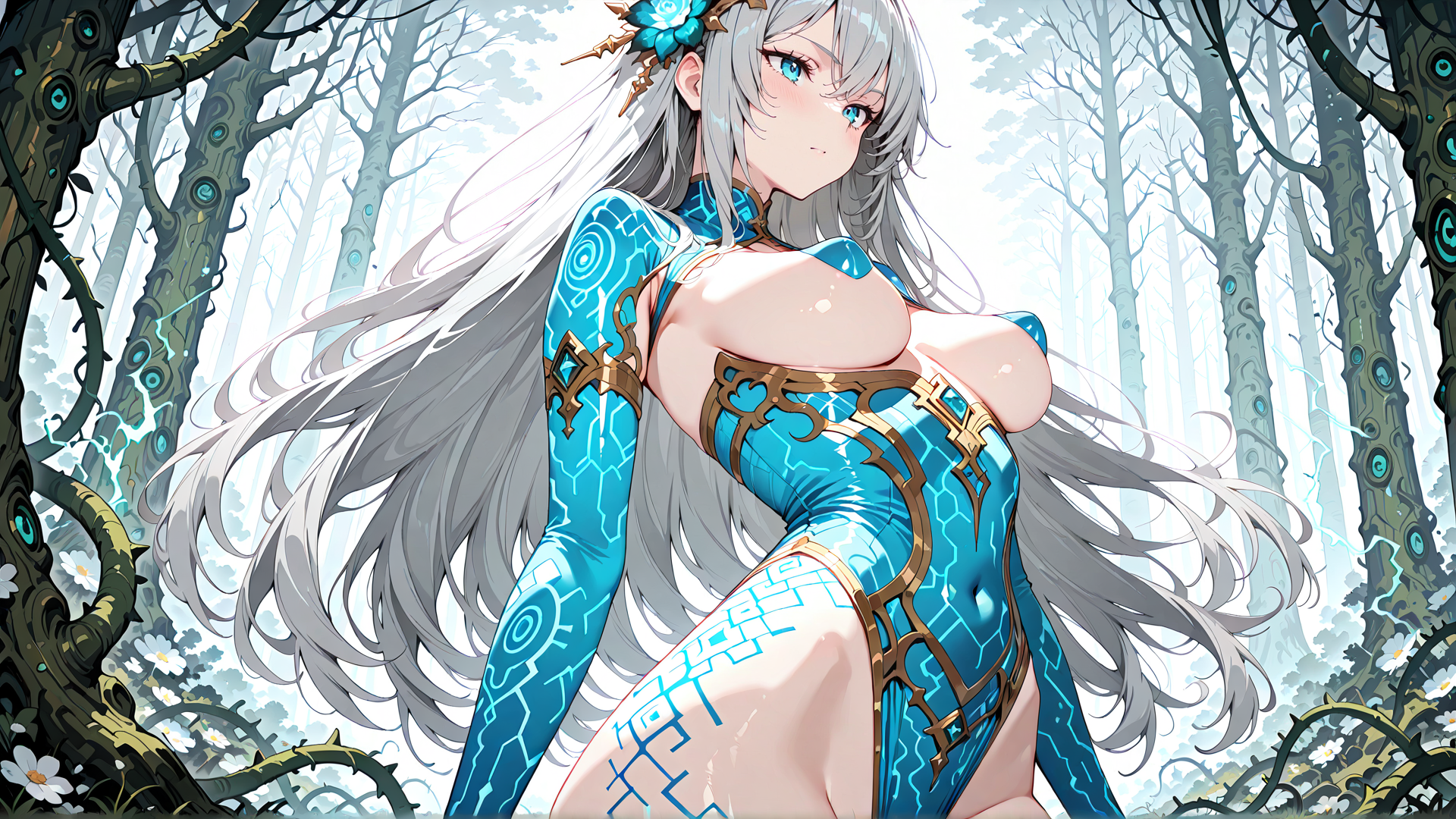 AI generated wallpaper featuring anime girl, forest, trees, armor