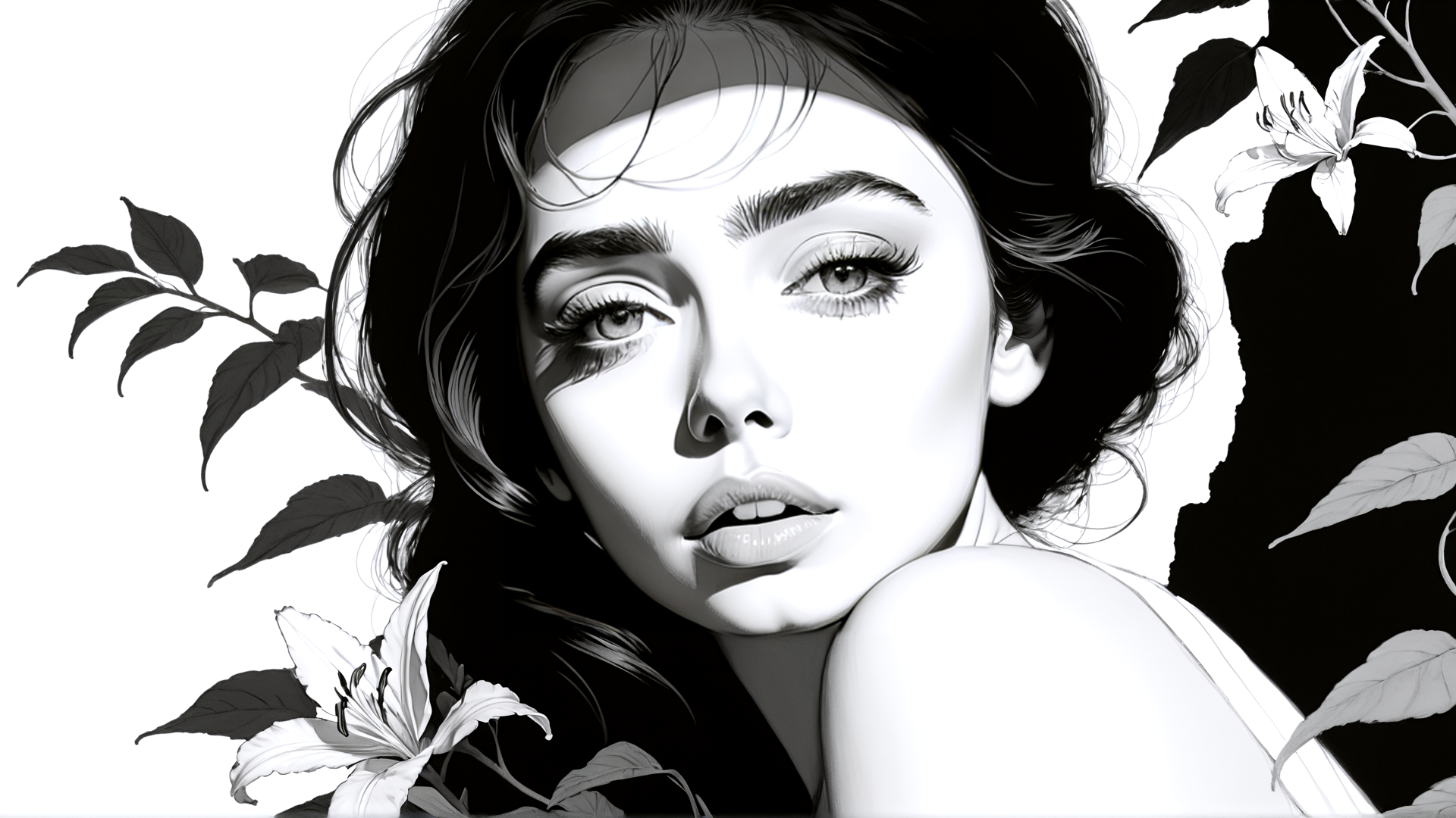 AI generated wallpaper featuring woman, lily, leaves, hair