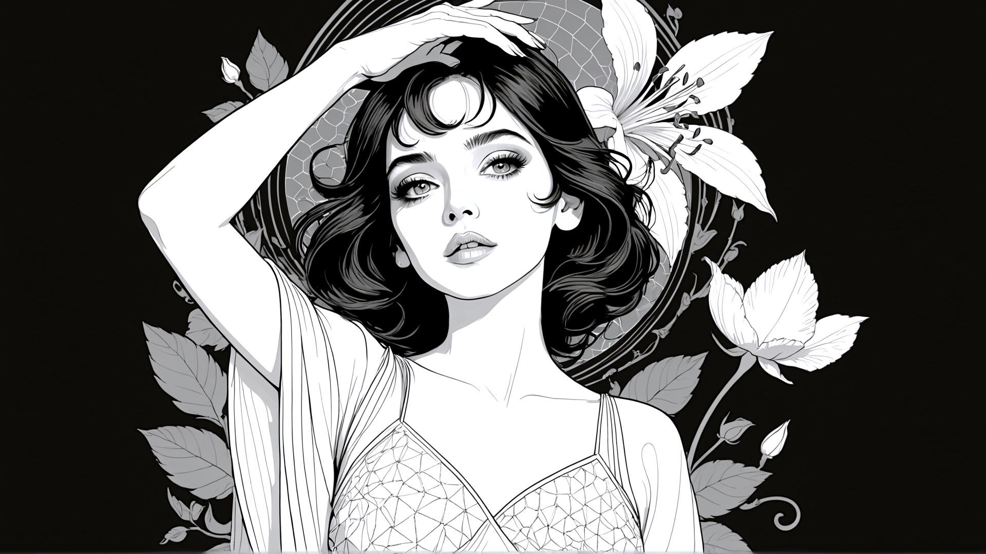 AI generated wallpaper featuring woman, flower, leaf, dress